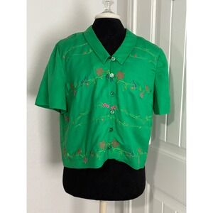 Vibrant Green Embroidered Floral Button Up Short Sleeve Shirt Top Women